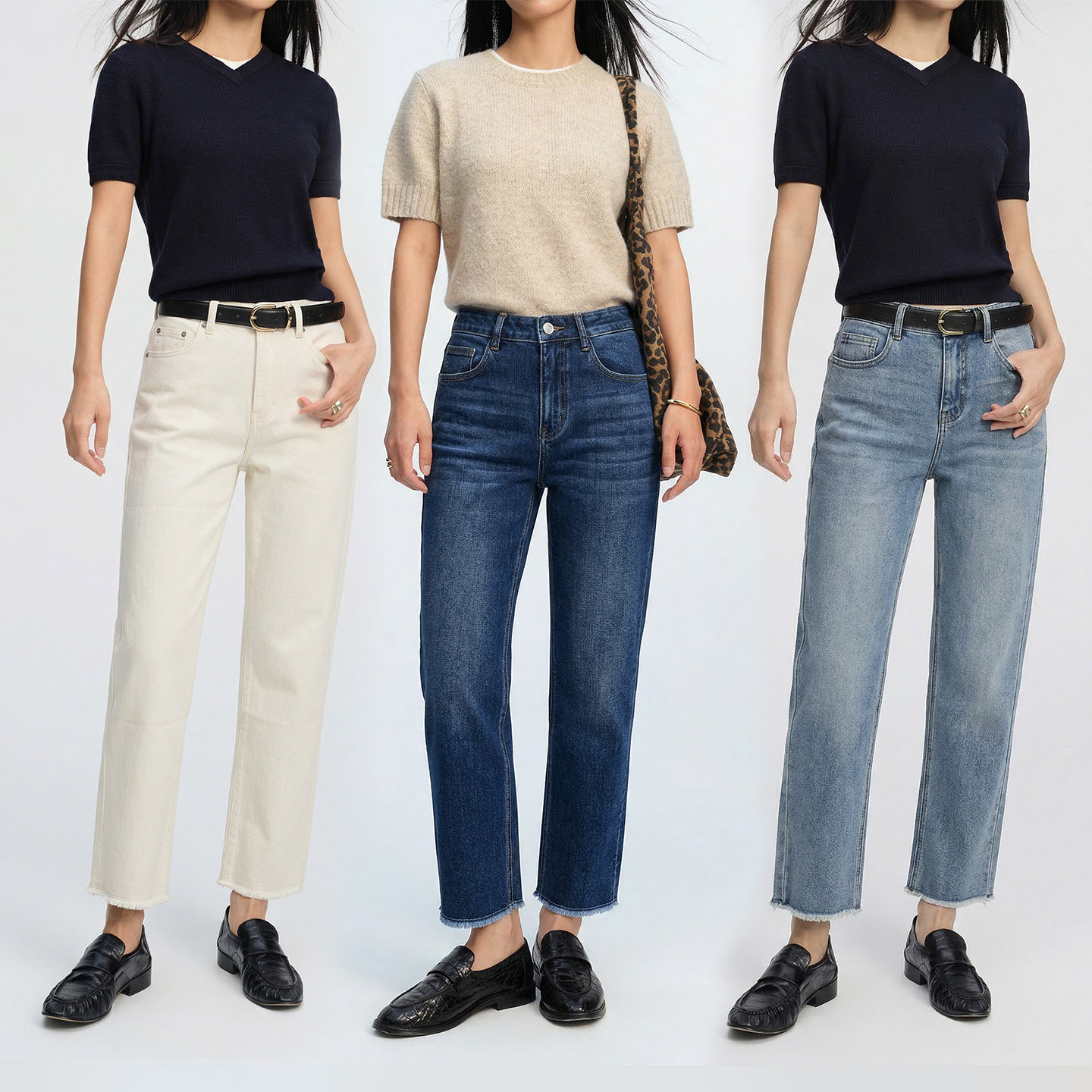 Dotdrobe多着 莱卡双芯结构弹力面料毛边法棍牛仔裤女显瘦显