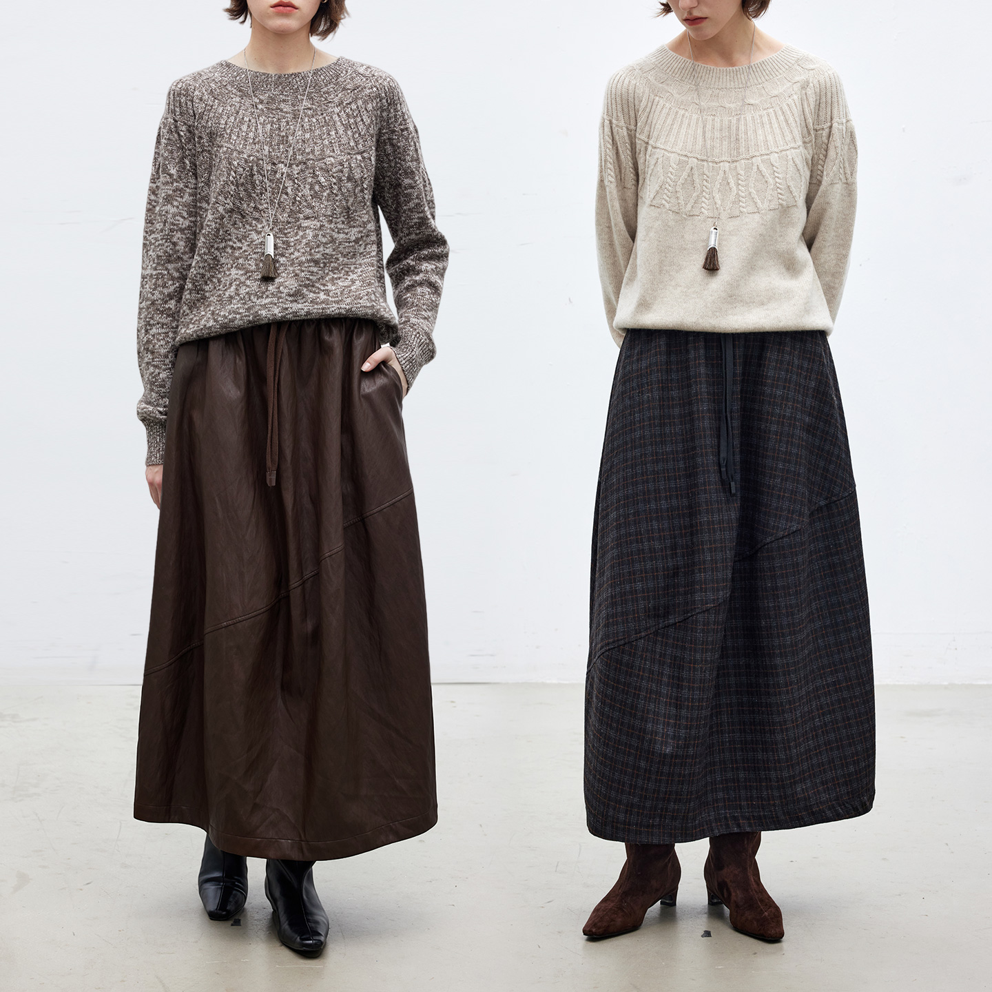 松紧腰花苞裙秋冬-羊毛混纺/皮裙