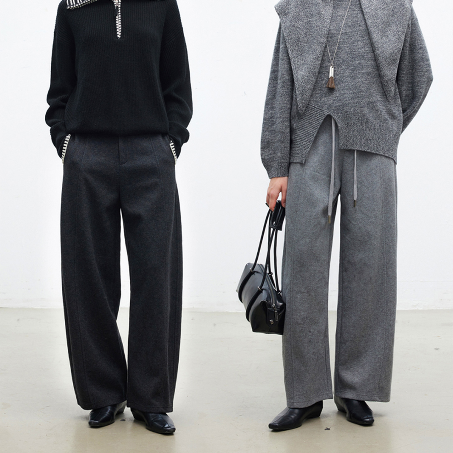 羊毛醋酸混纺半松紧腰毛呢休闲裤