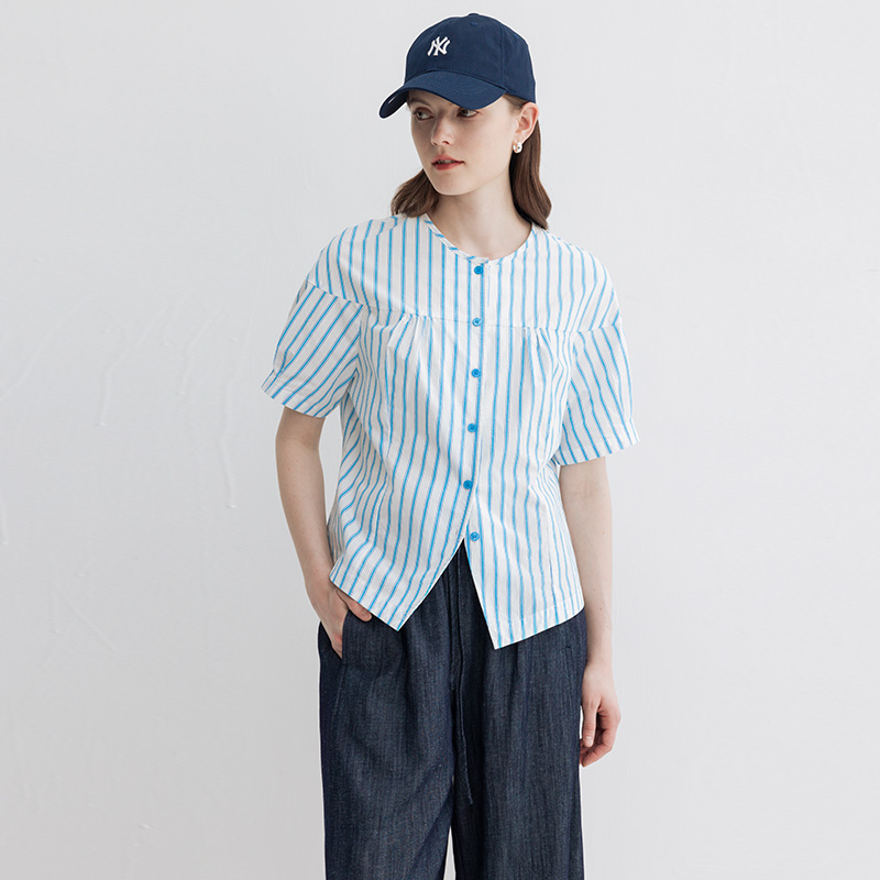 多着色织条纹复古收腰短袖衬衫