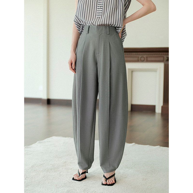 多着灰色单褶裥香蕉型抗皱西裤