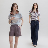 Dotdrobe多着 两色入 T恤女宽松 洗水棉面料 撞色polo领条纹短袖