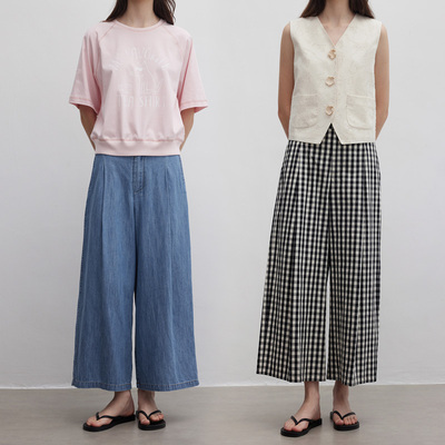 多着亚麻汉麻棉九分阔腿裤松紧腰