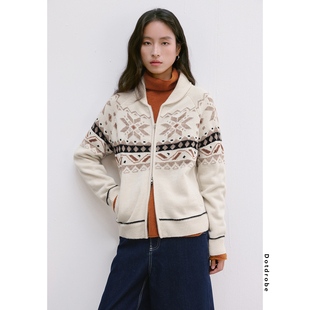 Dotdrobe多着 节日限定 青果领费尔岛羊毛混纺拉链开衫毛衣女秋冬