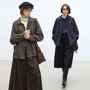 Dotdrobe多着 亚麻棉 日系文艺双排扣翻领外套女秋款宽松-两色入