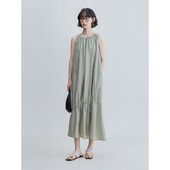 醋酸混纺 圆领无袖 抽褶打揽宽松连衣裙夏 Dotdrobe多着 灰绿 黑色