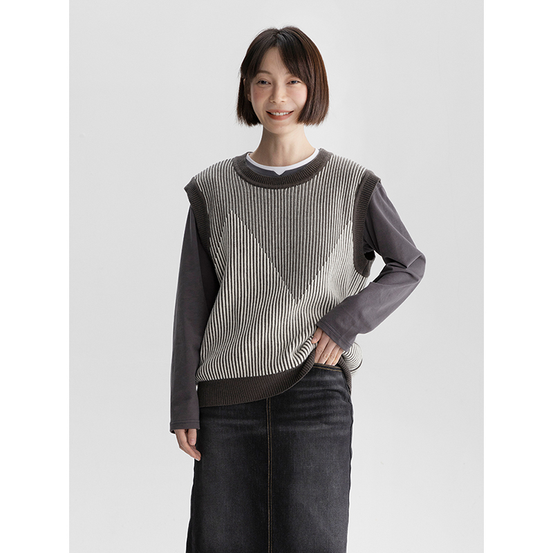 多着几何条纹羊毛混纺针织背心