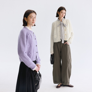 Dotdrobe多着 女2026春 超细马海毛羊毛混纺手工立体绣花针织开衫