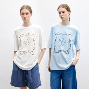 两色入 Dotdrobe多着 镂空刺绣oversize宽松圆领短袖 T恤女夏季 薄款