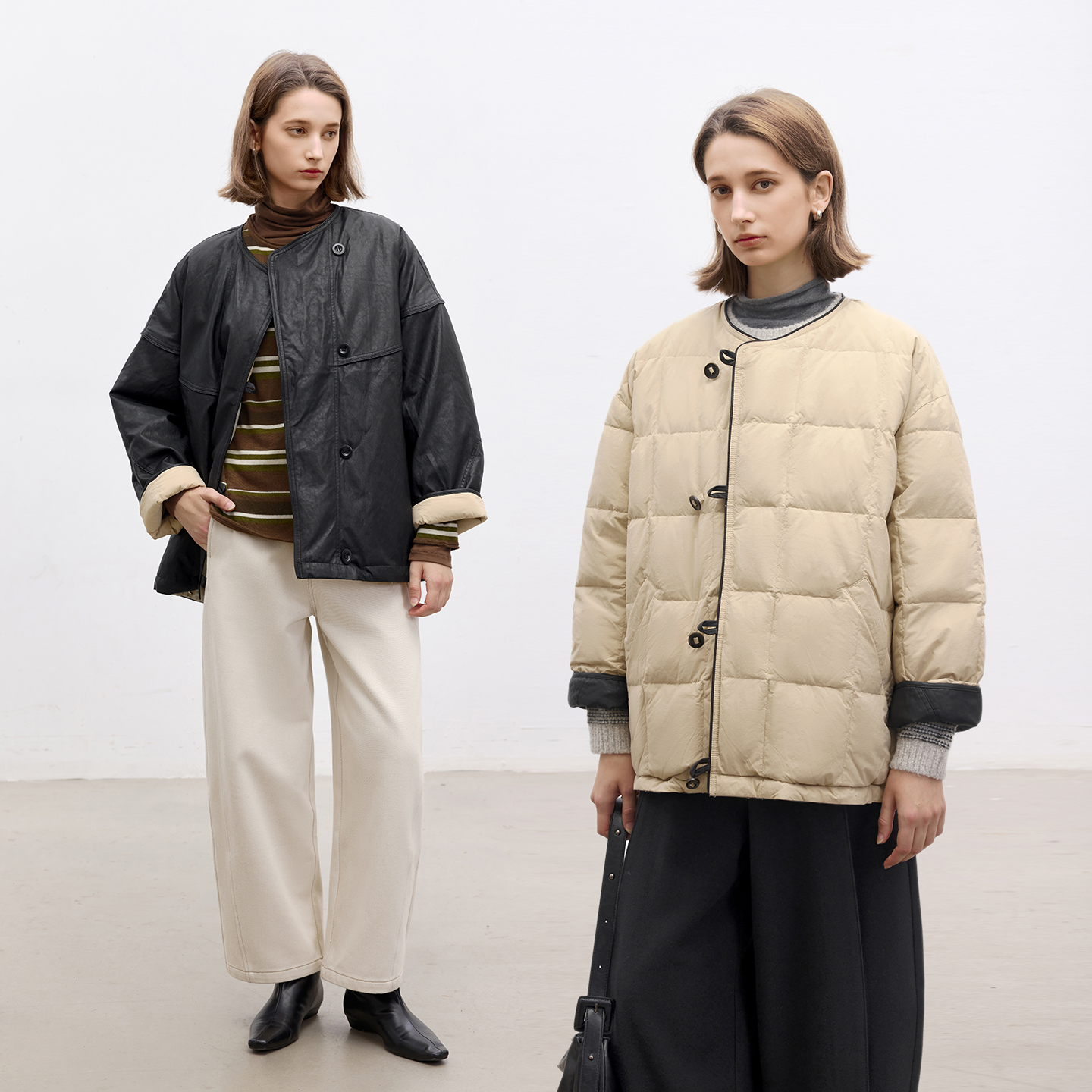 可两面穿90白鸭绒圆领PU皮羽绒