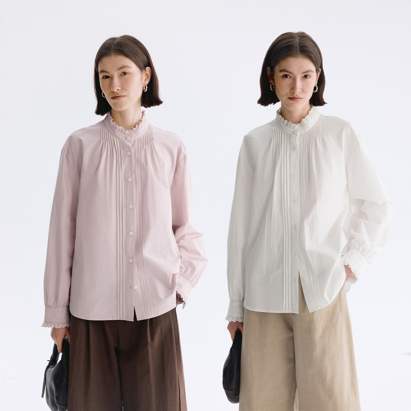 Dotdrobe多着  100%匹马棉 花边立领塔克褶长袖衬衫女宫廷风春款