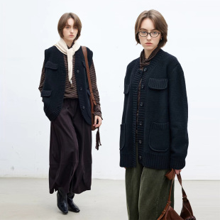 Dotdrobe多着 风羊毛混纺针织开衫 女马甲秋冬宽松 黑色 工装