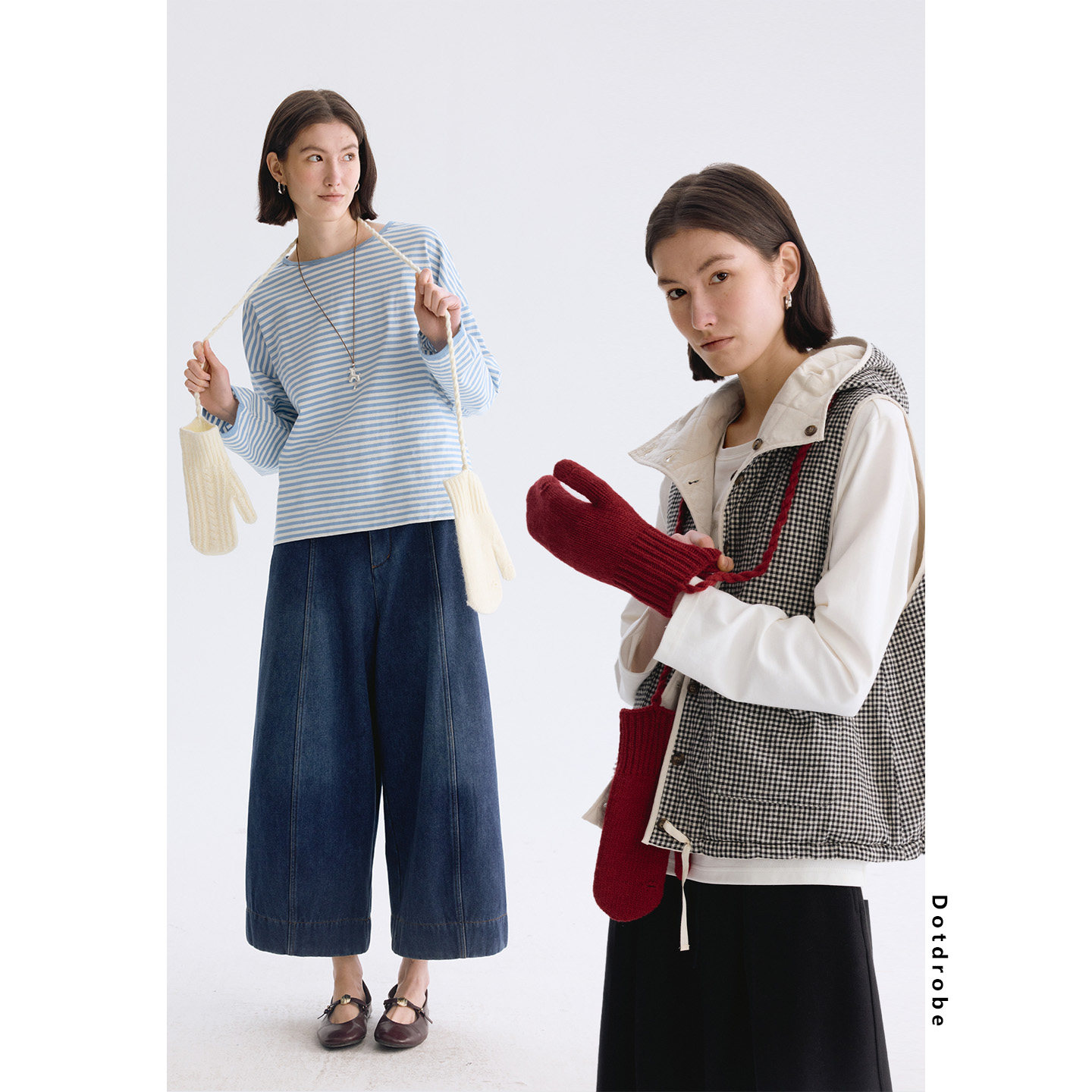 Dotdrobe多着 可触屏露指设计 羊毛混纺绞花针织挂绳手套女时髦