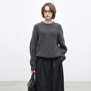 女秋冬深灰色 羊毛混纺圆领毛衣针织衫 Dotdrobe多着 棒针挑孔工艺