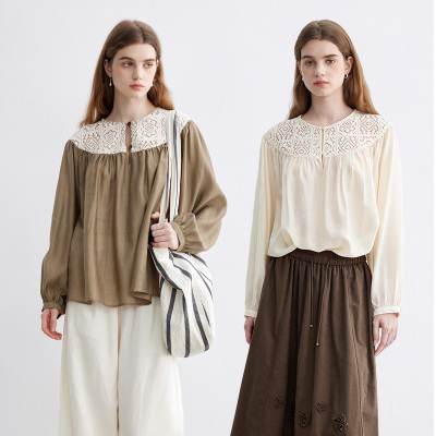 刺绣拼接宫廷风天丝亚麻长袖衬衫