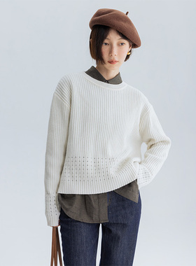 Dotdrobe多着  UPW100%特细美利奴羊毛坑条针织衫女 奶白/雾蓝