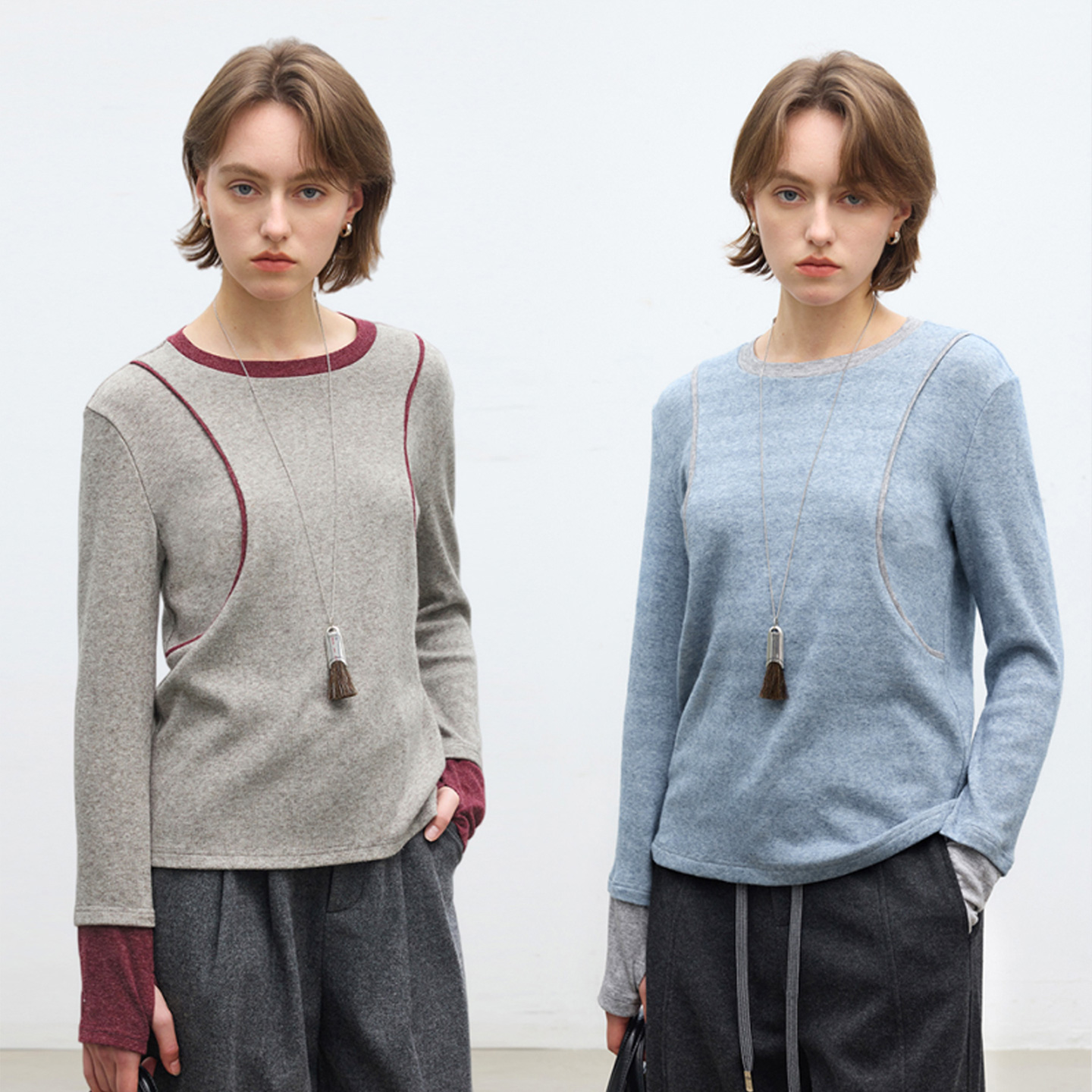 假两件撞色牙条棉混纺弹力长袖T