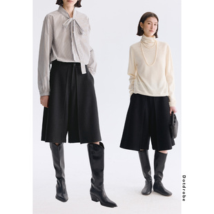 Dotdrobe多着 羊毛混纺立体双叠层翻折五分毛呢裙裤女早春休闲裤