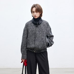 Dotdrobe多着 羊毛混纺 拼接皮领短款毛呢外套女秋冬落肩袖-黑灰