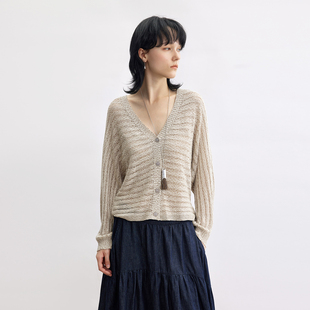 毛衣 Dotdrobe多着 米咖 叠穿长袖 女秋季 镂空间隔蝙蝠袖 针织开衫