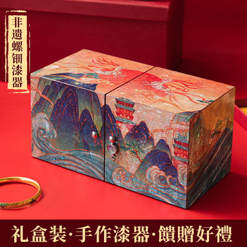 非遗漆器螺钿首饰盒贝壳木质妆奁陪嫁三金盒高档嫁妆中式结婚礼物