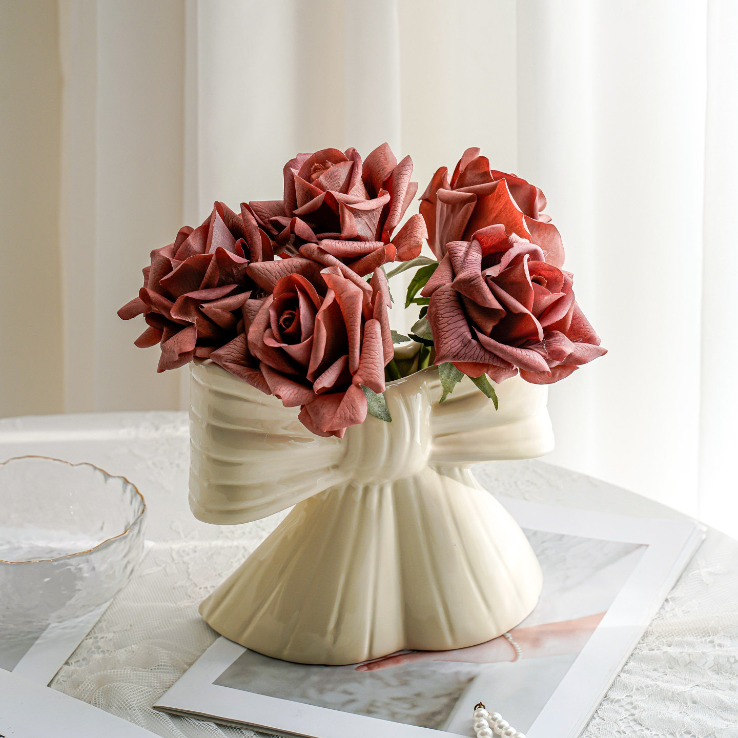 法式陶瓷蝴蝶结花瓶高级感摆件餐桌客厅中古风复古艺术花器不规则,家居饰品,装饰摆件,淘宝优惠券,粉丝福利购,淘宝优惠卷