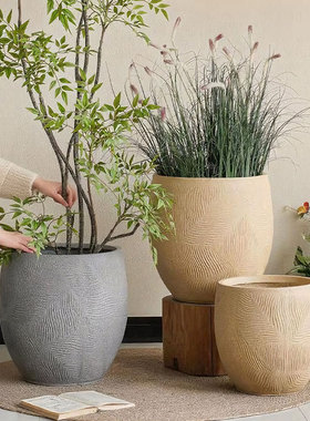 镁泥仿石花盆家居绿植软装客厅阳台庭院侘寂风落地仿水泥大号花器