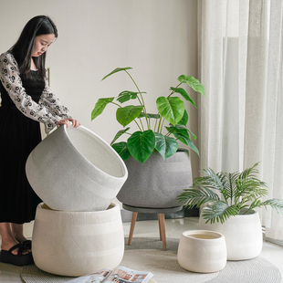 北欧镁泥落地大花盆极简圆球型软装特大花器客厅民宿商场别墅摆件