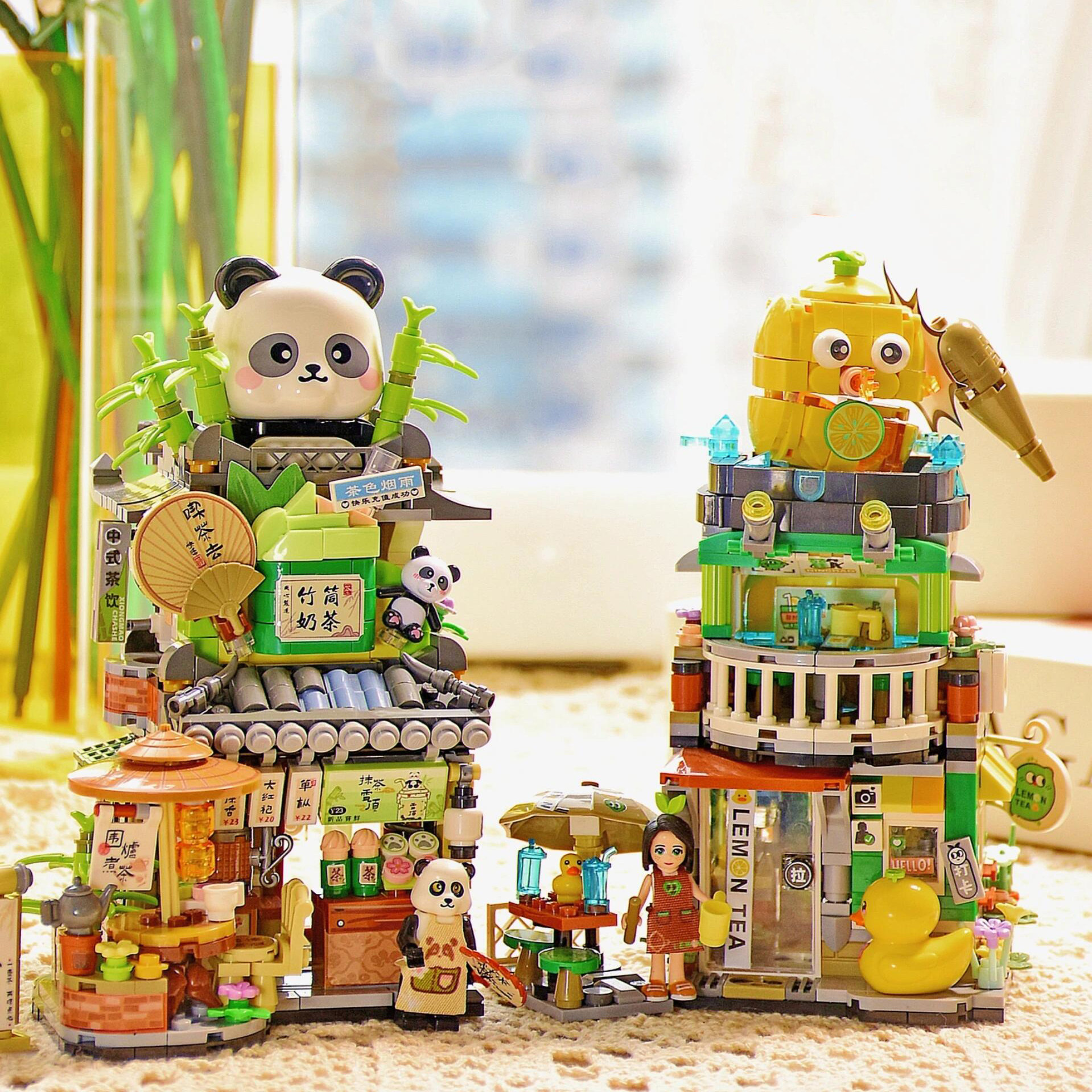 折叠街景商店熊猫茶舍高颜值积木益智拼装适用于乐高女孩子系列礼