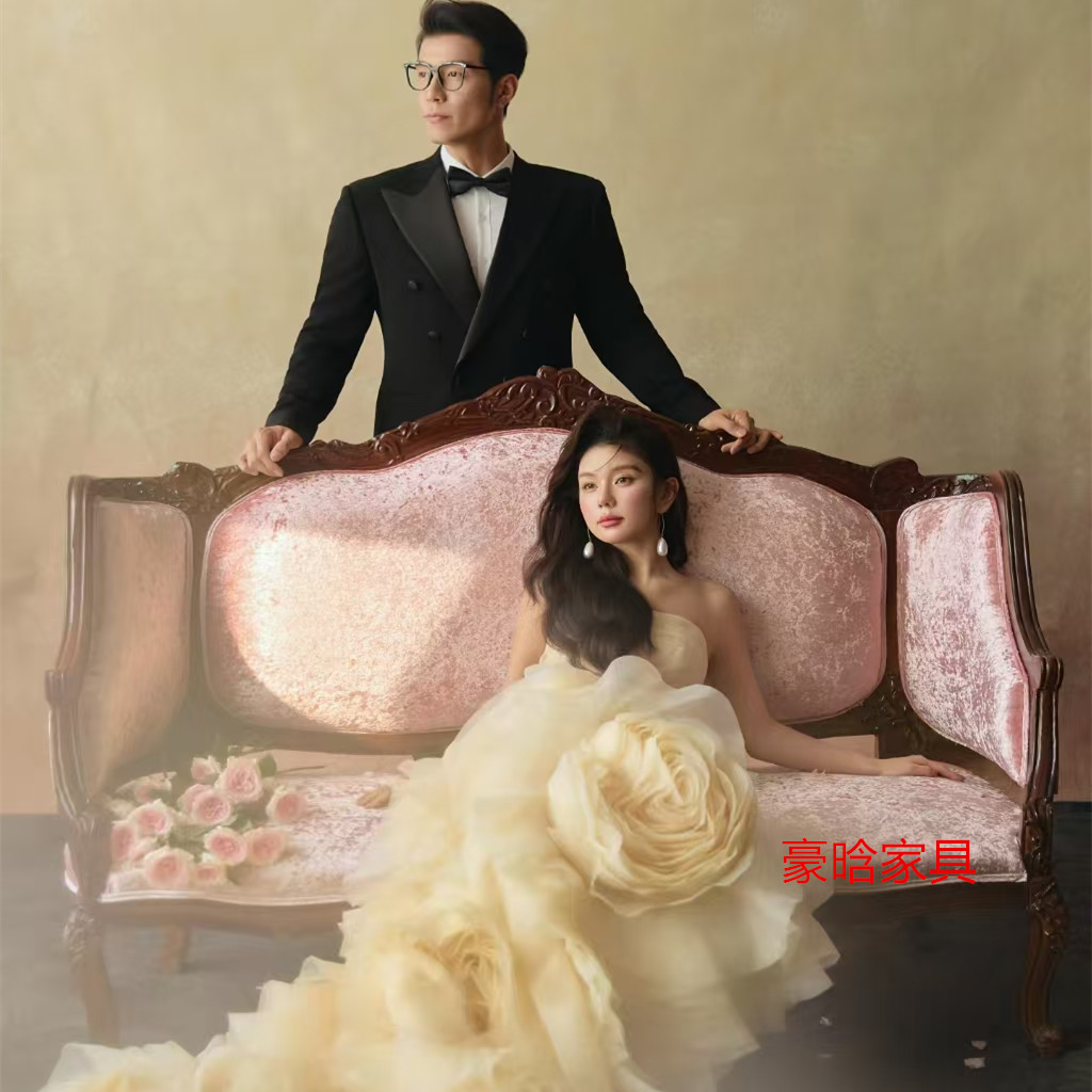实木雕花沙发法式美式复古影楼婚纱写真拍照沙发摄影棚拍摄沙发