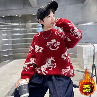 男童秋冬款毛衣2025新款中大童冬装男孩冬季保暖红色水貂绒毛线衣