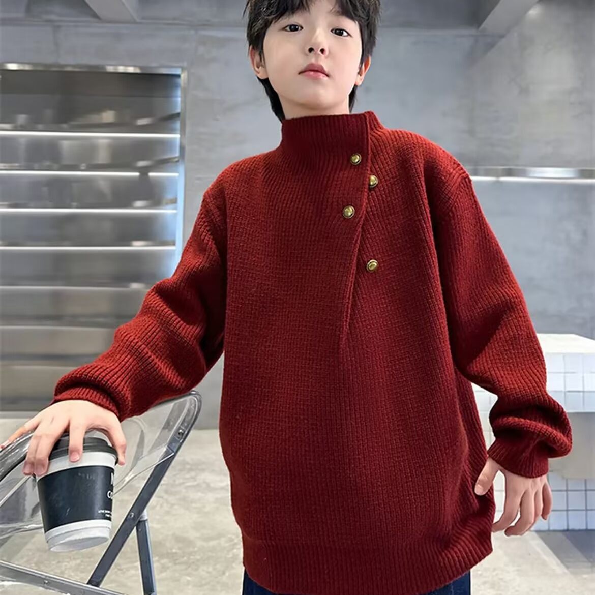 男童红色毛衣2025秋冬款儿童加厚打底衫男孩保暖冬装半高领针织衫