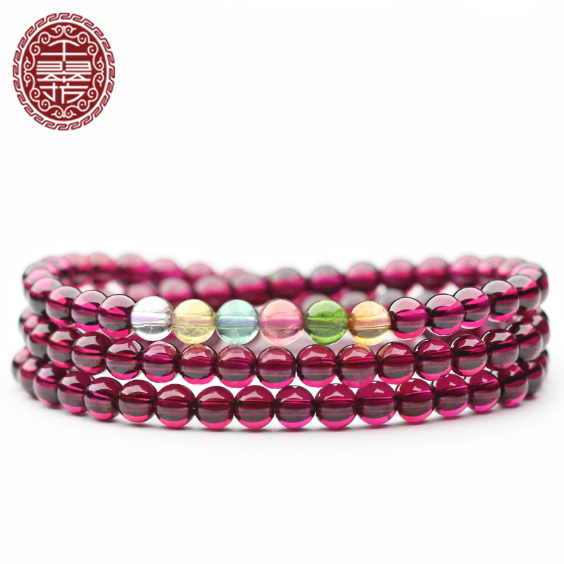 千翠坊天然紫牙乌石榴石手链三圈女多层玫红彩色宝石多圈生日礼物