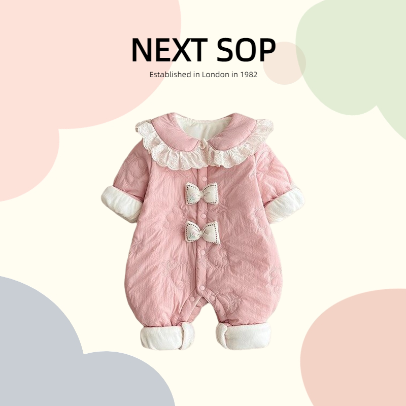英国NEXT童装蝴蝶结连体衣秋冬季加绒女宝宝公主哈衣周岁棉服