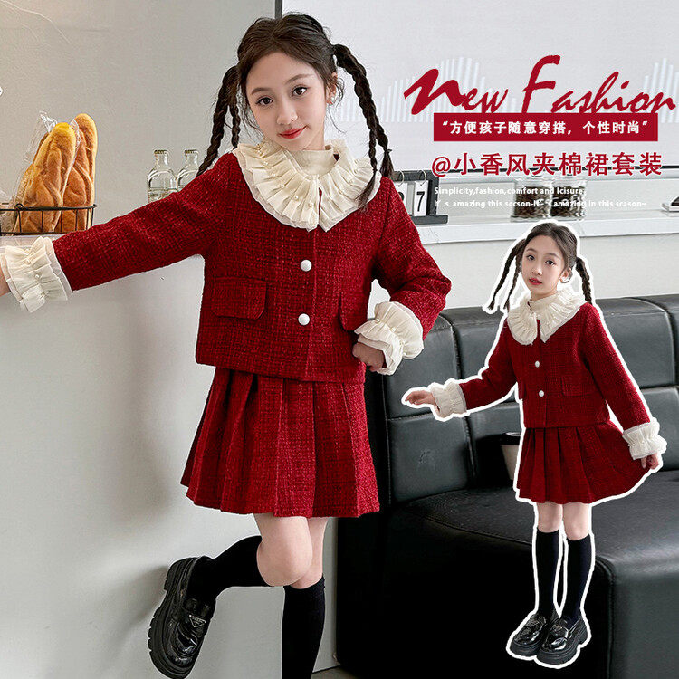 女童年服套装小香风韩版洋气女孩子外套珍珠花边加厚夹棉保暖冬款