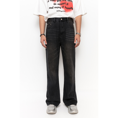 韩版cleanfit黑灰色宽松高腰微喇牛仔裤男女百搭复古休闲拖地长裤