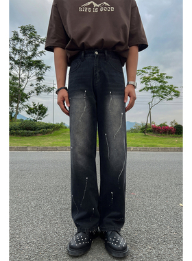 韩版泼漆宽松直筒高腰牛仔裤男女时尚潮流复古百搭阔腿休闲长裤子