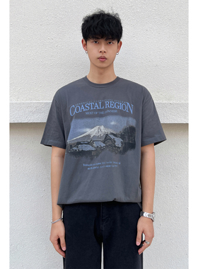 韩版做旧复古风景字母印花宽松短袖t恤男女时尚休闲上衣打底衫潮