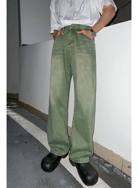 韩版复古绿色宽松直筒高腰牛仔裤男女时尚百搭坠感阔腿休闲长裤潮