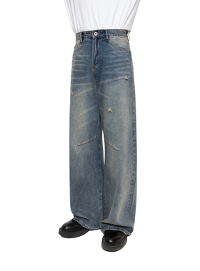 韩版复古磨破宽松直筒高腰牛仔裤男女时尚潮流休闲阔腿拖地长裤子