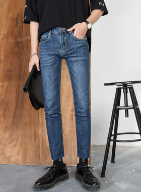 ZJ原创 韩版修身毛边九分牛仔裤子弹力原色小脚裤休闲男女同款潮