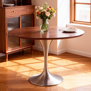 中古奶油风实木圆形餐桌小户型家用北欧复古法式 不锈钢网红小圆桌