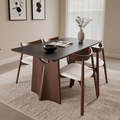 中古风实木复古长方形岩板餐桌