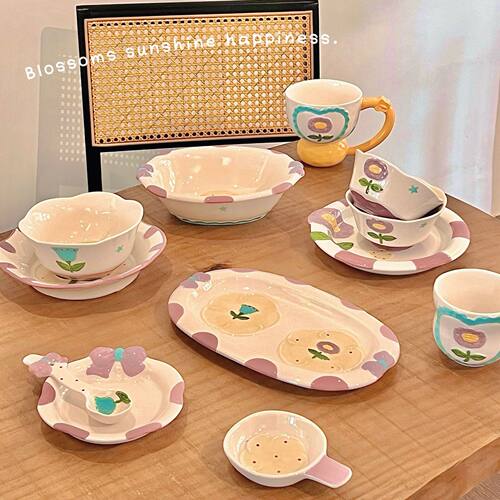 星野花语陶瓷碗盘餐具高颜值网红餐具家用可爱麻烦碗沙拉盘早餐杯