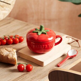 陶瓷西红柿造型杯子马克杯牛奶带盖勺咖啡杯蒸蛋杯燕麦片早餐杯