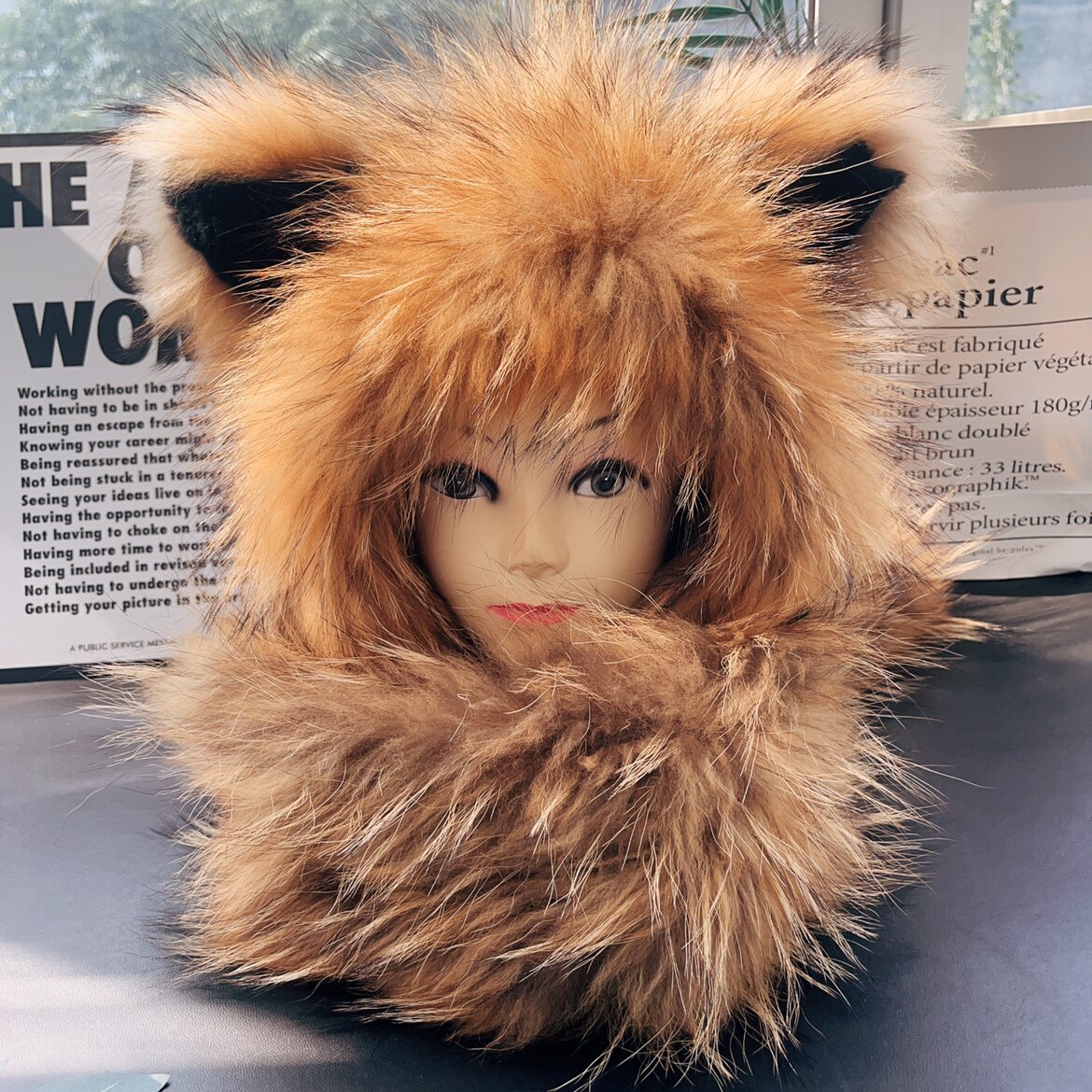 可爱减龄小猫真狐狸毛一体风雪帽女两用皮草帽子户外保暖围脖连帽