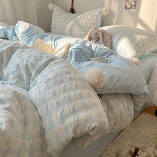 小清新蓝色泡泡纱亲肤水洗棉四件套可爱毛球款被套学生宿舍三件套