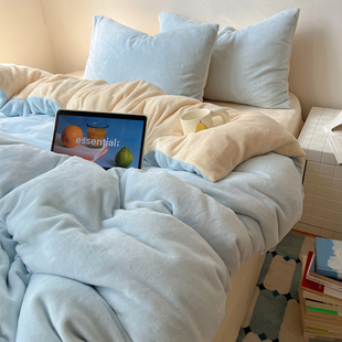 ins奶油风纯色双拼A类牛奶绒四件套秋冬加厚保暖珊瑚绒被套床单笠