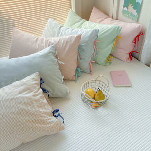 A类全棉少女心蝴蝶结格子枕套单个纯棉学生成人枕头套48*74一对装