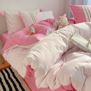 ins马卡龙少女心粉色全棉四件套混搭撞色纯棉被套学生宿舍三件套